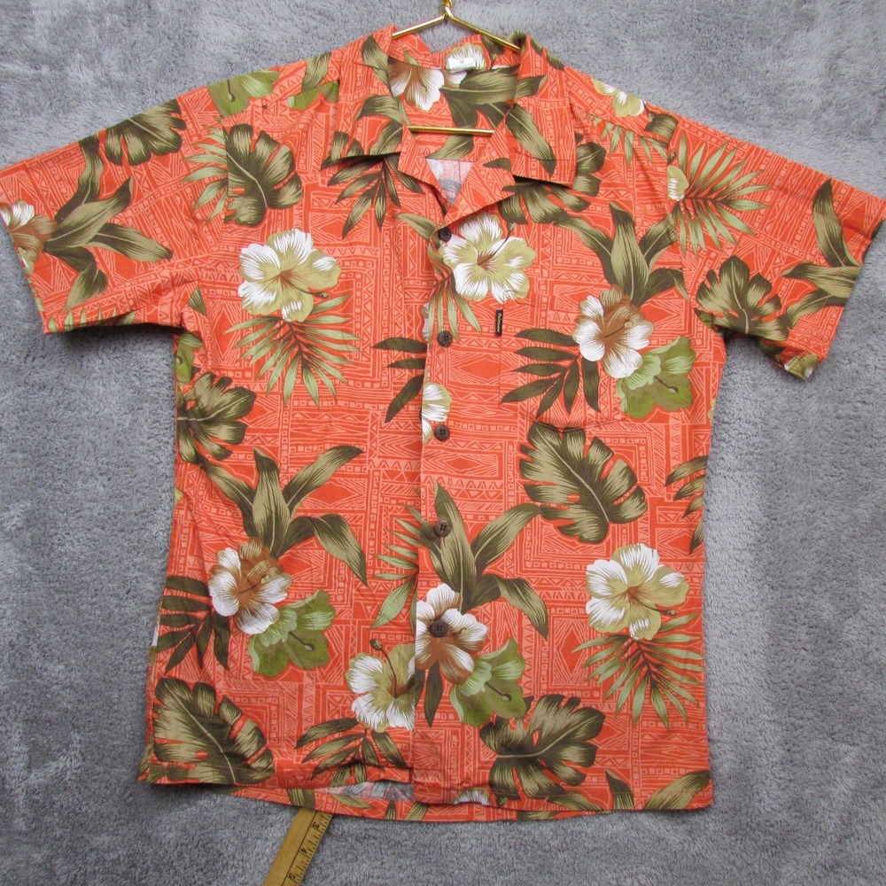 Palmwave Shirt Mens Medium Orange Hawaiian Floral Tropical Short Sleeve Cotton